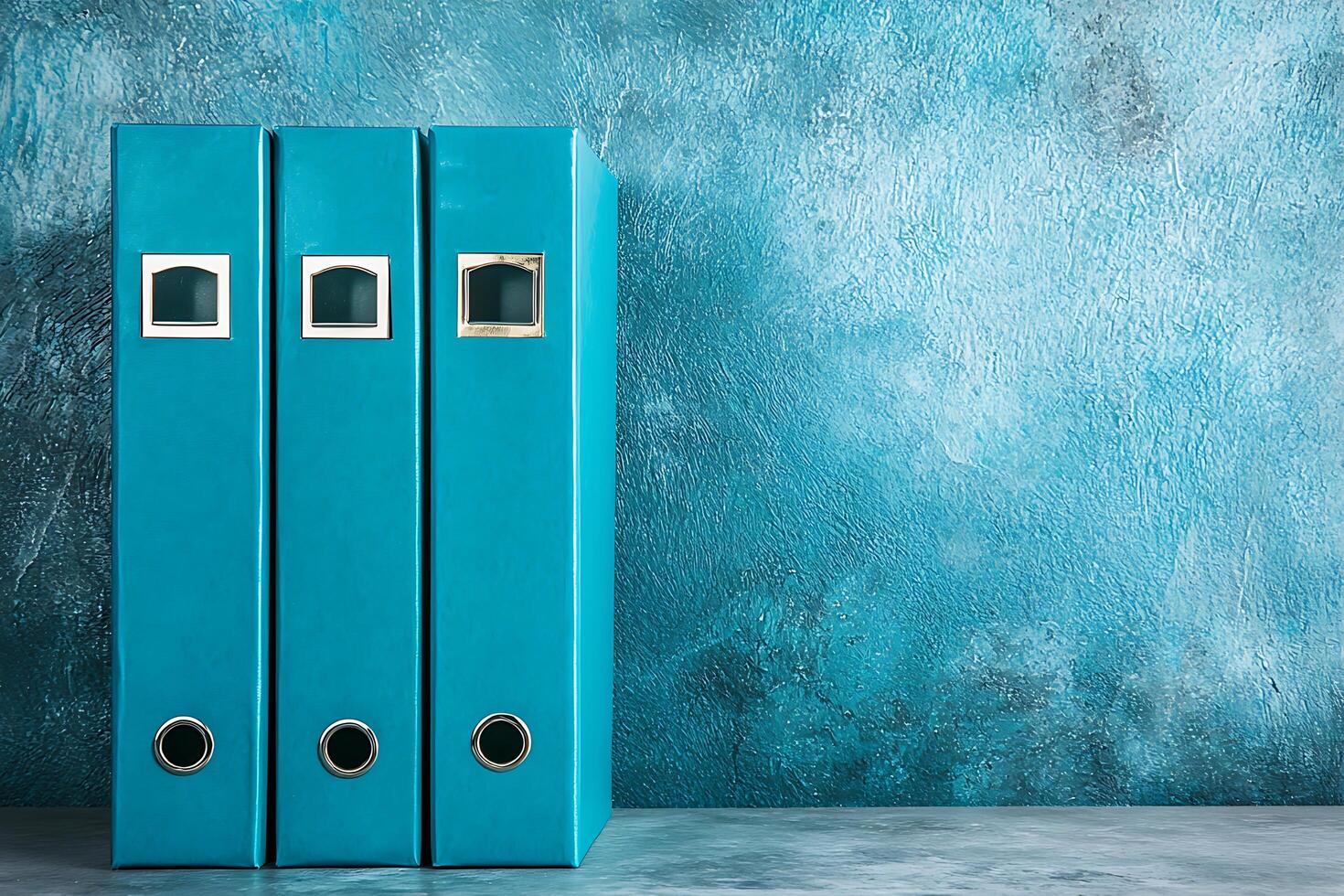 Teal Office Folders Against a Textured Blue Background. Three lever-arch files provide a clean and organized aesthetic. photo