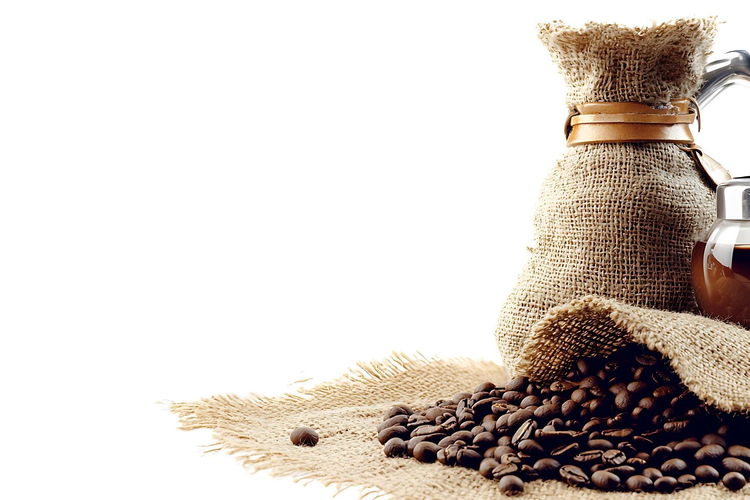 Aromatic Coffee Beans Spilling from a Burlap Sack with Coffee Maker. A close-up shot showcasing the rich color and texture of roasted coffee beans. photo