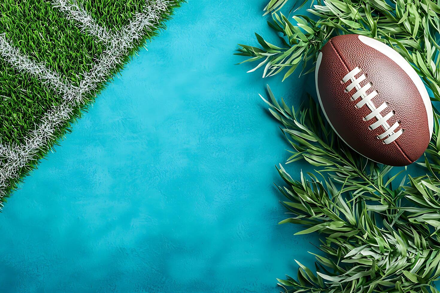 American Football on a Turquoise Background with Grass and Greenery. A vibrant image perfect for sports, game day, or summer themes. photo