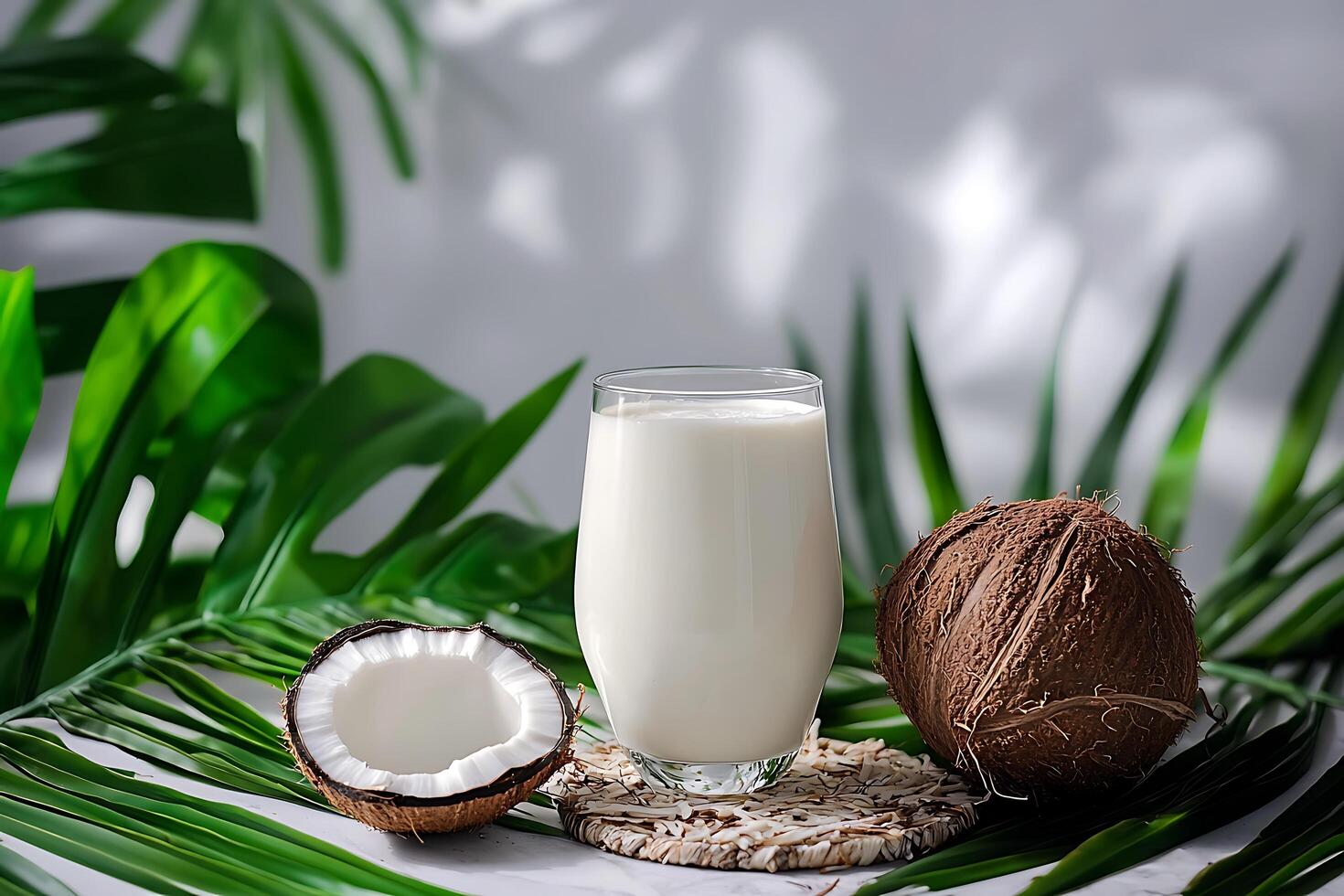 Refreshing Coconut Milk Drink in Glass with Tropical Leaves. A healthy and delicious beverage perfect for a summer day. photo
