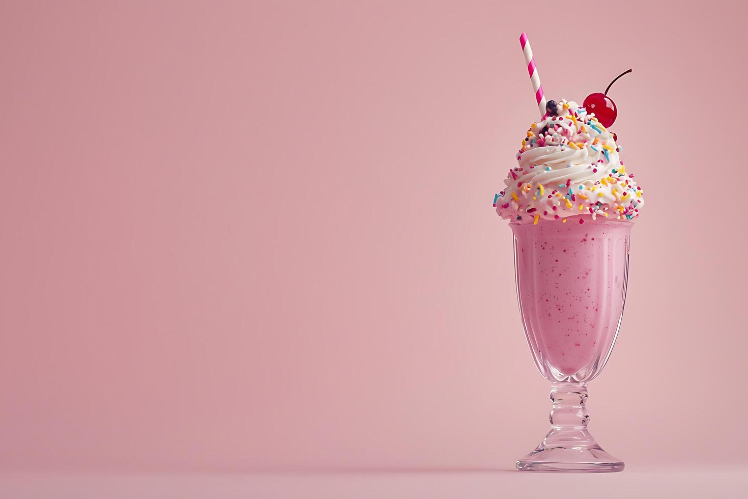 Delicious Strawberry Milkshake with Whipped Cream and Sprinkles on Pink Background. A tempting image perfect for menus, blogs, or advertising. photo