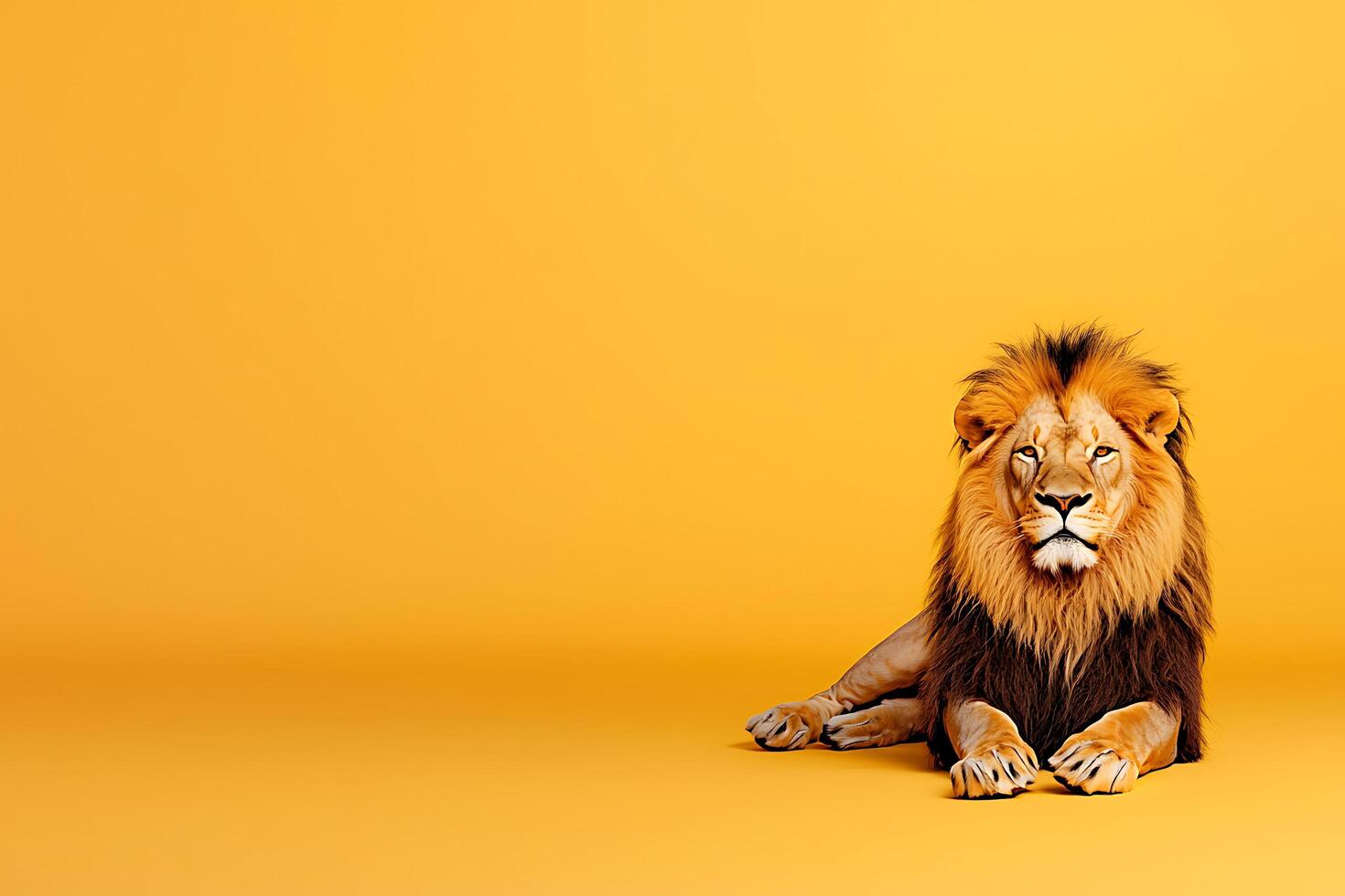 Majestic Male Lion Resting on Yellow Background Powerful Symbol of Strength and Royalty. photo