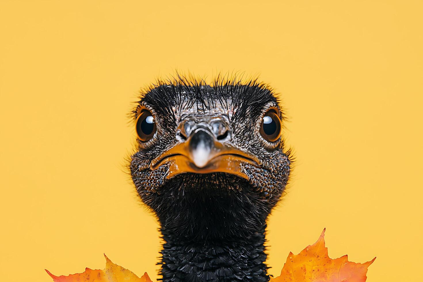 Close-up Portrait of a Young Ostrich Chick with Autumn Leaves. A curious and expressive image featuring a baby ostrich against a vibrant yellow background. photo