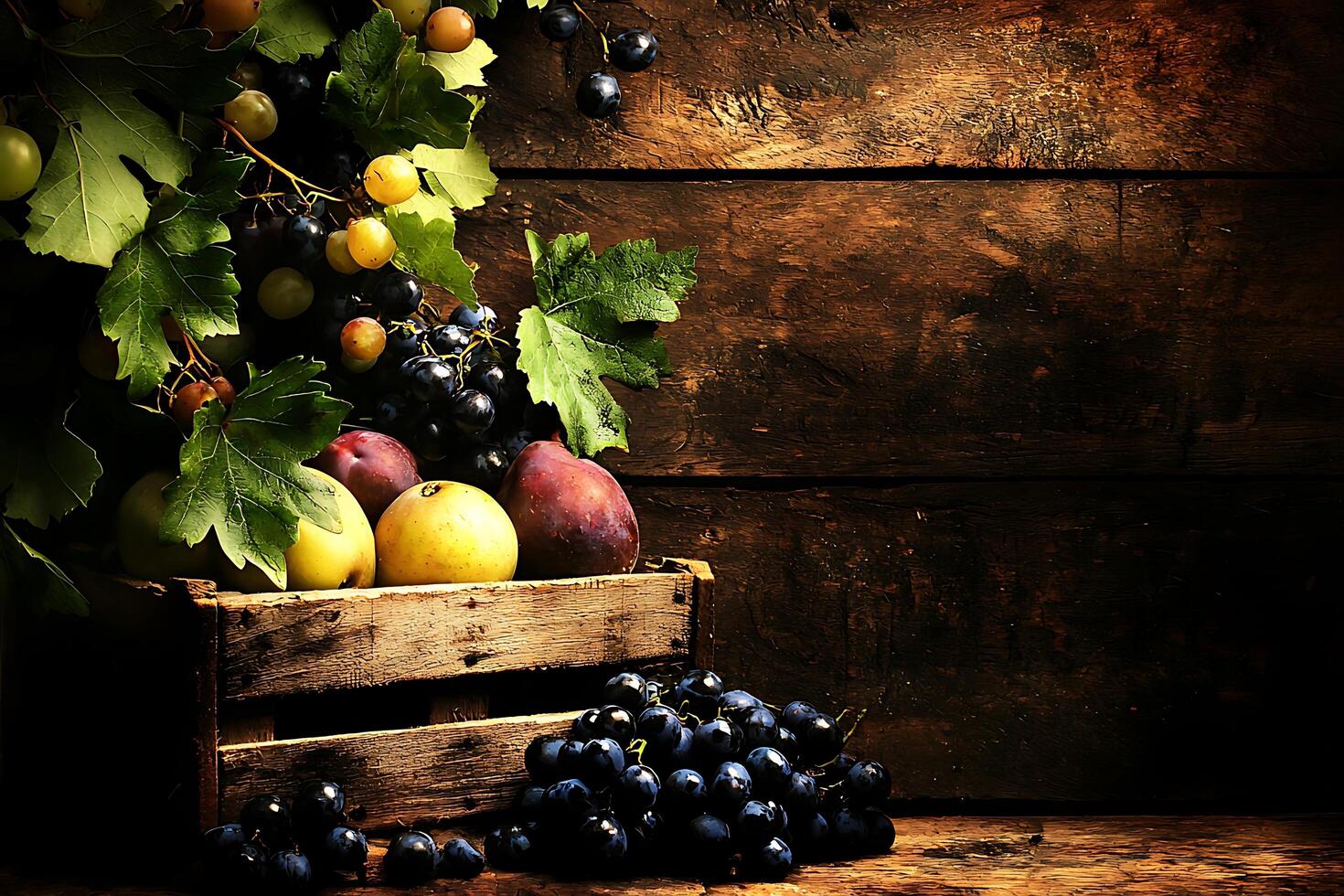 Rustic Still Life Grapes, Plums, and Apples in a Wooden Crate. A visually appealing image perfect for fall harvest themes, wine labels, or food blogs. photo