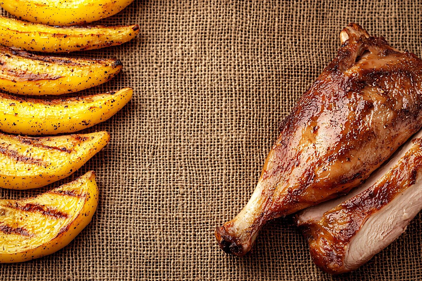 Roasted Chicken Leg Quarter and Grilled Potato Wedges on Burlap. A delicious and appetizing image perfect for food blogs, magazines, and cookbooks. photo