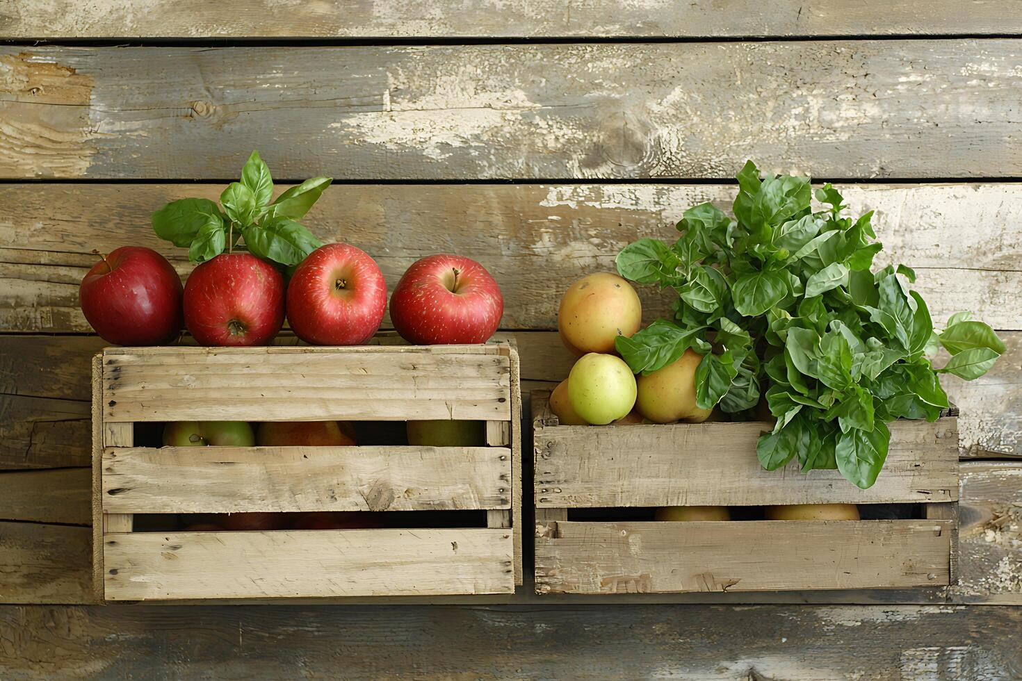 Rustic Wooden Crates Filled with Red and Green Apples and Fresh Basil. A charming still life of fresh produce. photo