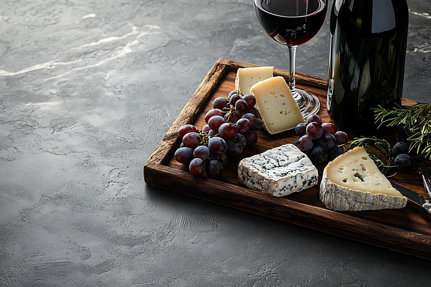Gourmet Cheese and Red Wine Tasting on Rustic Wooden Board. A delectable spread of cheeses, grapes, and rosemary, perfectly paired with a glass of red wine. photo