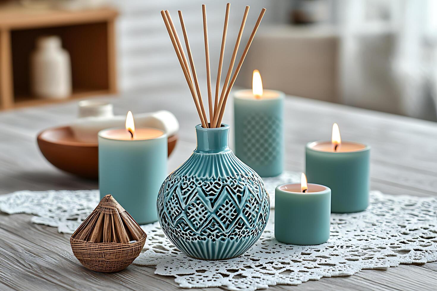 Scented Diffuser and Candles Create a Relaxing Atmosphere. A tranquil home setting with teal candles and a decorative reed diffuser. photo
