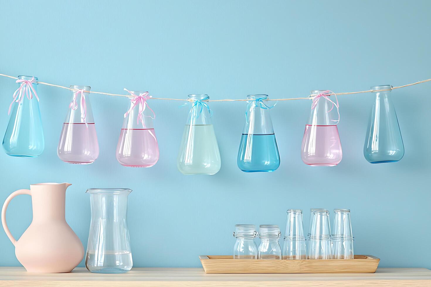 Pastel-Colored Drinks in Hanging Glass Bottles and Glassware on a Light Blue Background. photo