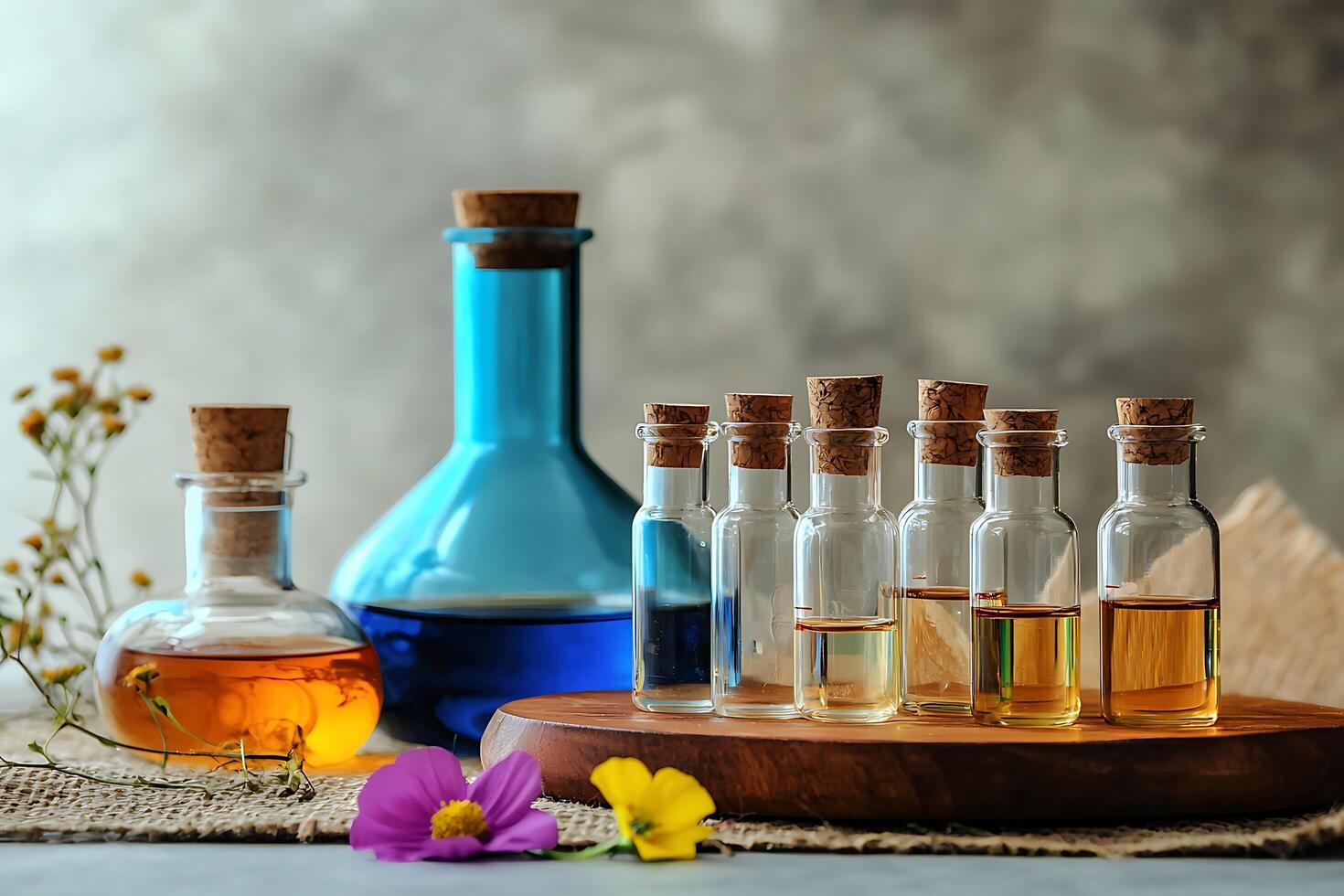 Essential Oils in Glass Bottles Aromatherapy and Natural Remedies. A collection of amber and blue glass bottles filled with essential oils, displayed on a wooden surface. photo