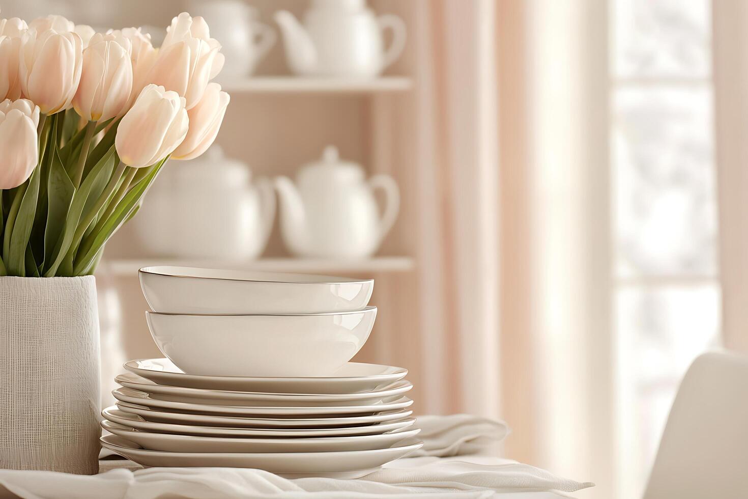 Elegant Stack of White Dishes and Pale Pink Tulips in a Modern Kitchen Setting. photo
