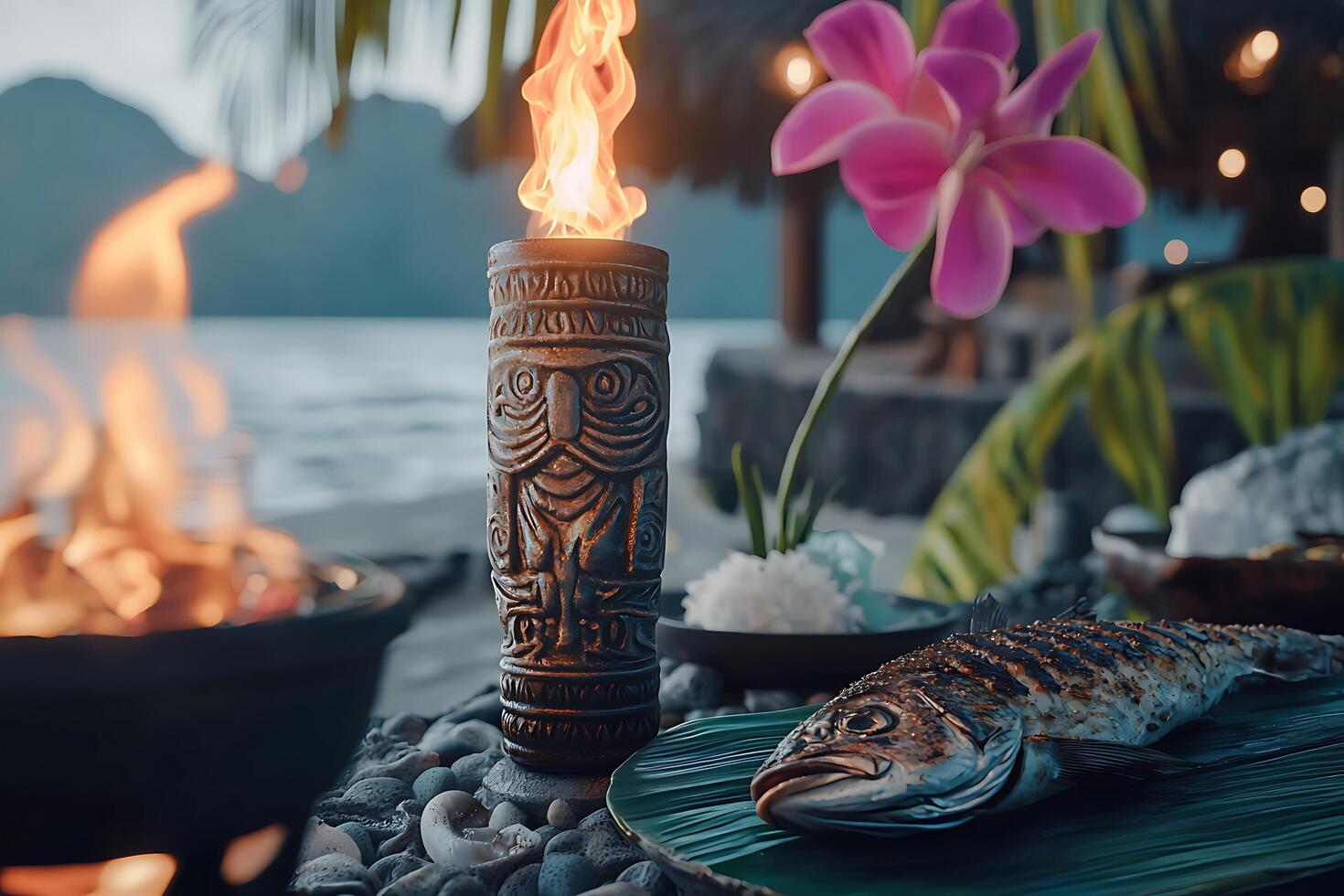 Grilled Fish Dinner on Tropical Beach at Sunset with Tiki Torch. photo