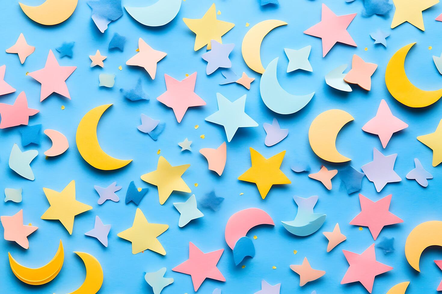 Colorful Stars and Moons on a Blue Background A whimsical illustration perfect for children's products, textiles, and design projects. photo