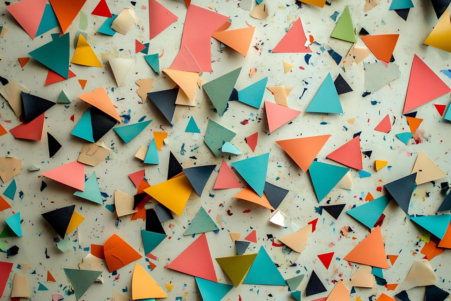 Abstract Colorful Triangle Pattern on a Textured Surface. This image features a vibrant composition of multicolored triangles arranged on a grungy background. photo