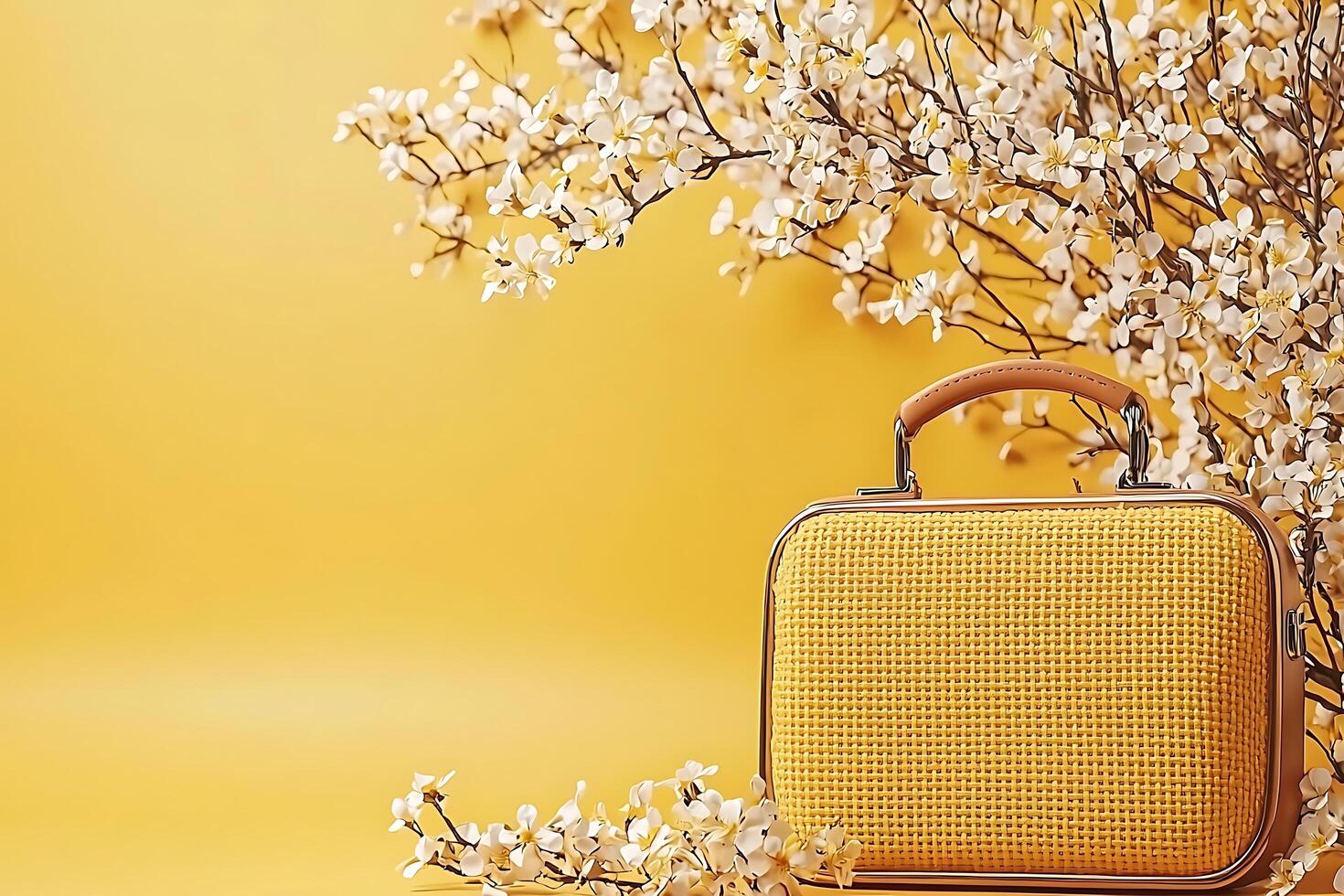 Yellow Woven Handbag with Spring Blossoms. A stylish summer accessory surrounded by delicate white flowers on a yellow background. photo