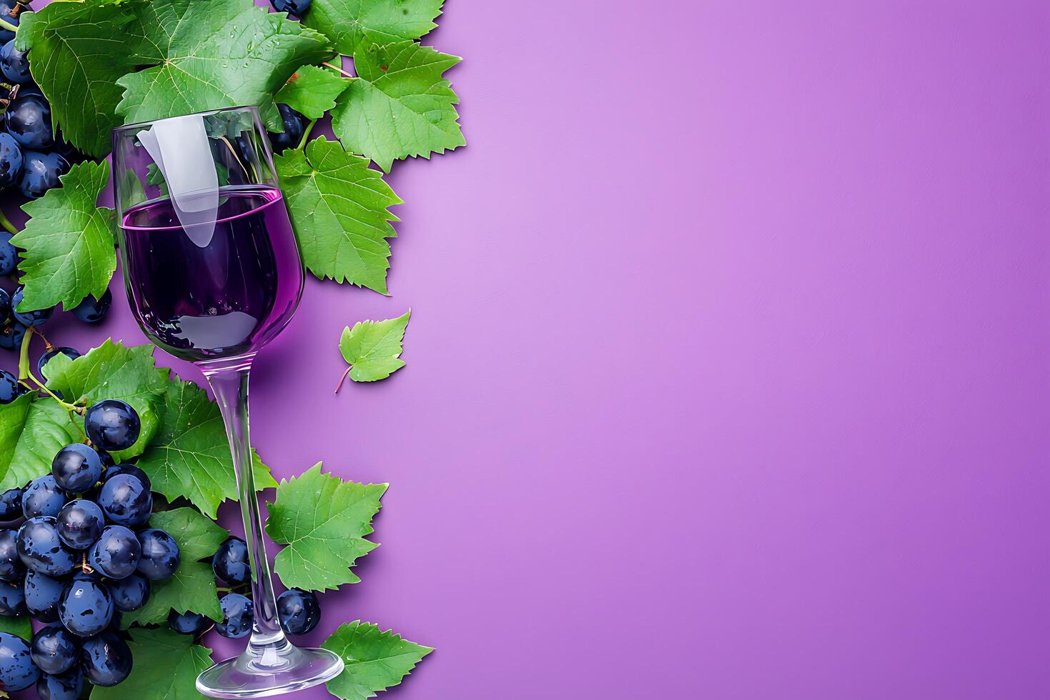 Glass of Purple Wine with Grapes and Leaves on Purple Background. A vibrant image ideal for wine tasting events, wine blogs, or beverage-related designs. photo