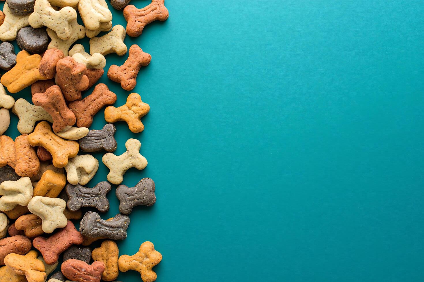 Colorful Dog Treats Border on Teal Background Copy Space for Pet Food Branding. photo