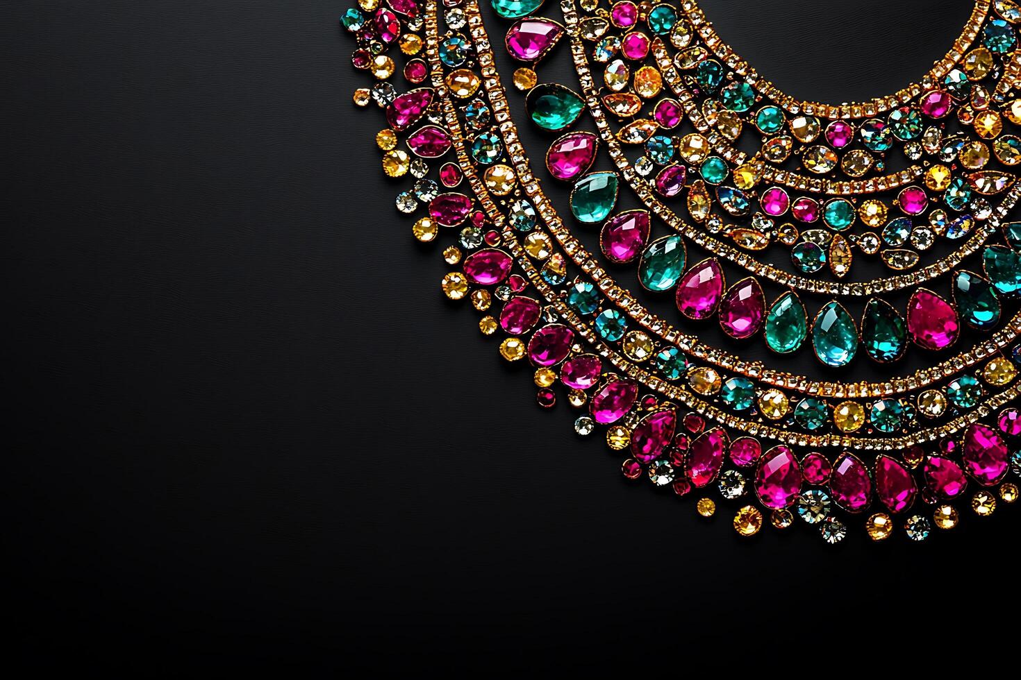 Luxurious Multicolored Gemstone Statement Necklace on Black Background. A stunning close-up showcasing vibrant jewel tones and intricate design details. photo