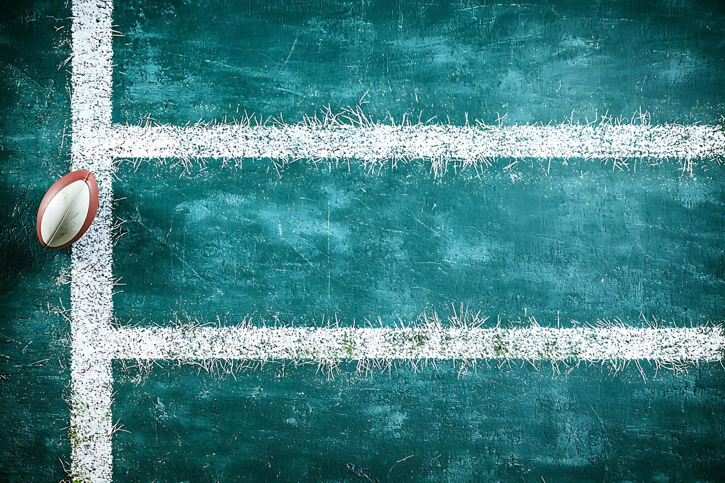 American Football on Grunge Field End Zone Background. A textured, teal-colored field with white lines and a football, perfect for sports-related designs. photo