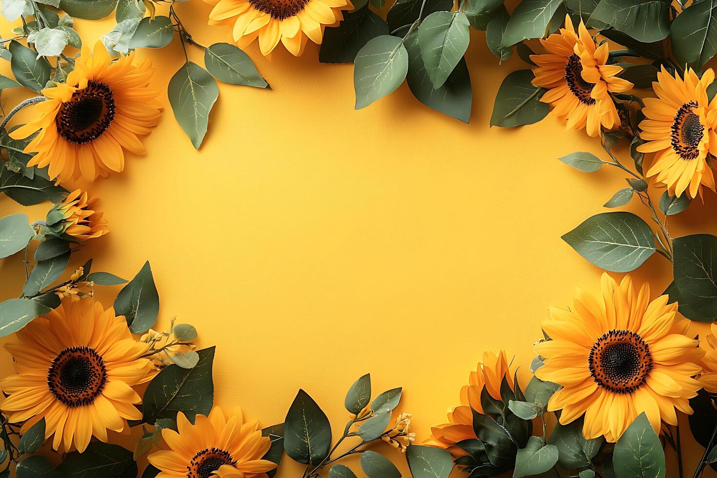 Vibrant Sunflowers and Greenery Frame on Yellow Background. A cheerful summer floral arrangement perfect for greeting cards, invitations, or social media. photo
