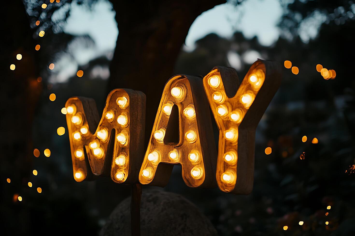Illuminated May Sign in a Garden Setting A Festive Springtime Display. photo