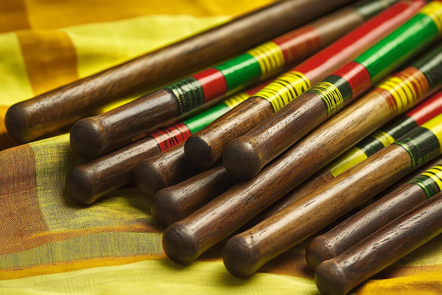 Close-up of Wooden Sticks with Colorful Accents Resting on Yellow Fabric. A detailed image showcasing the texture and vibrant colors. photo