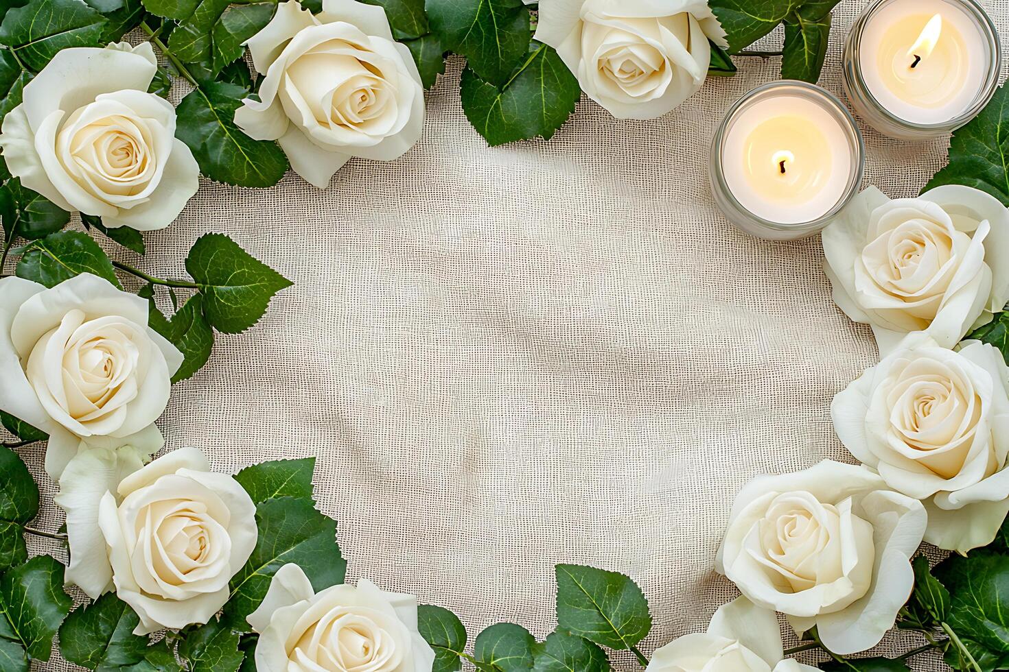 Elegant Frame of Cream Roses and Lit Candles on Burlap. A beautiful background for sympathy, remembrance, or wedding invitations. photo