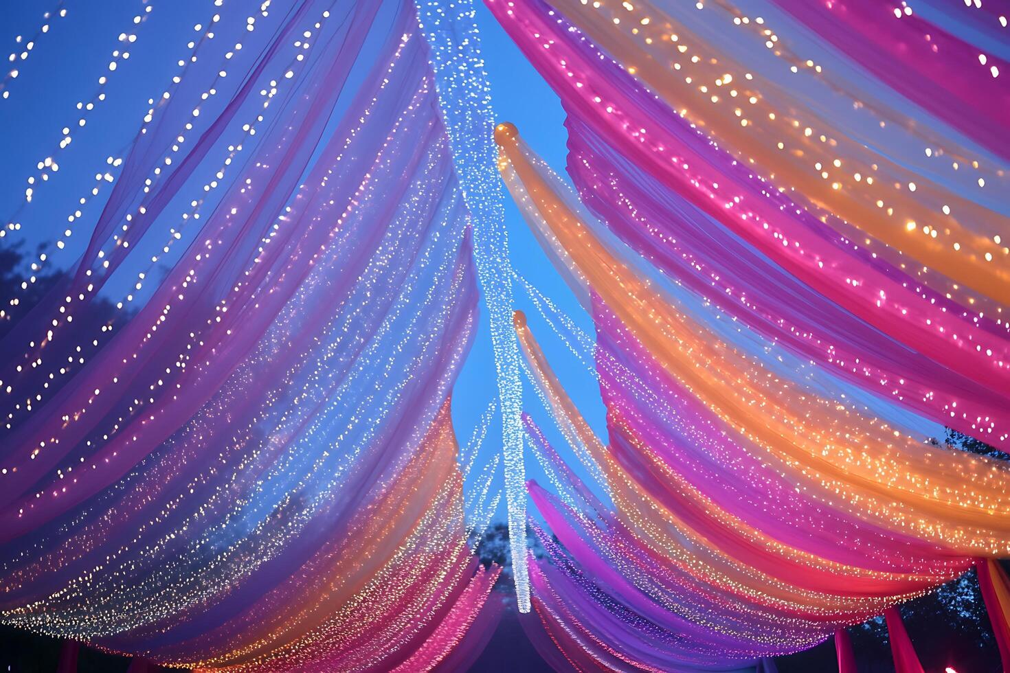 Draped Fabric and Fairy Lights Create a Magical Atmosphere. This image features colorful fabric illuminated by twinkling lights. photo