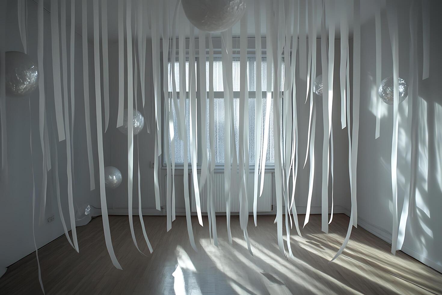White Ribbons and Light Globes in a Minimalist Interior. An artistic installation featuring hanging paper strips and translucent spheres. photo