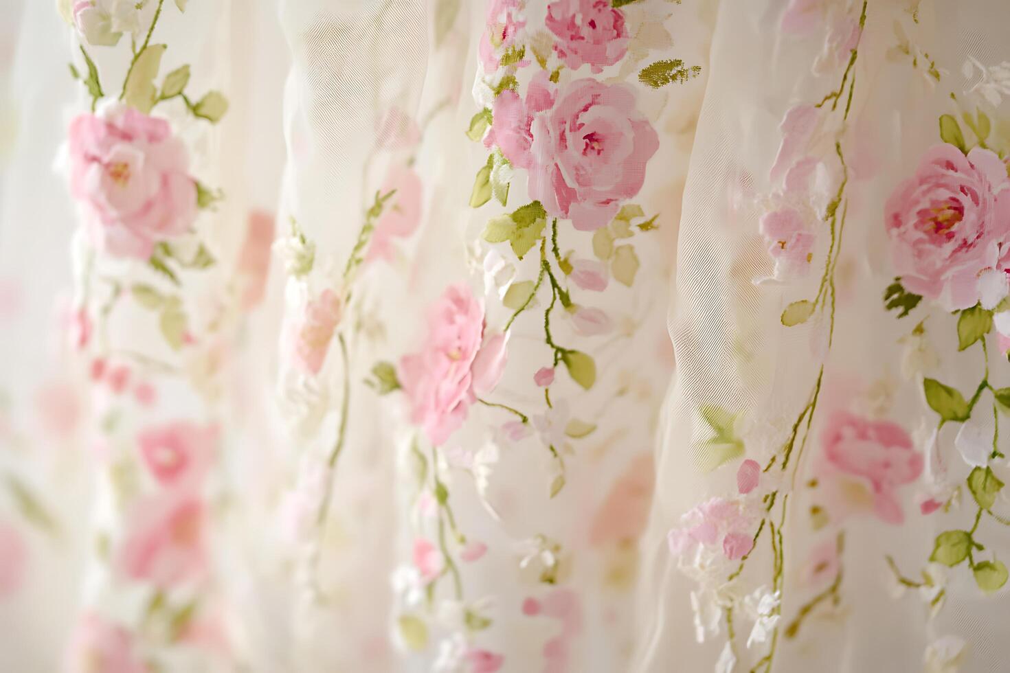 Delicate Pink Rose Floral Fabric Texture Soft, Draped Cream Material with Embroidered Blooms. photo