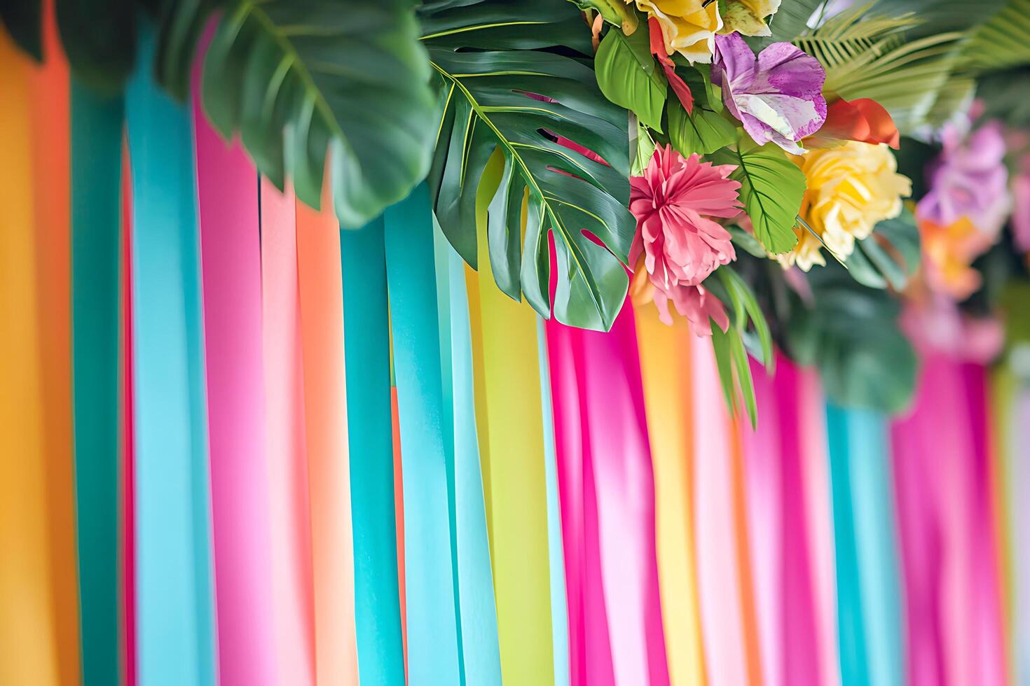 Vibrant Tropical Floral Backdrop with Colorful Ribbons. A cheerful and bright image perfect for summer celebrations, parties, and events. photo