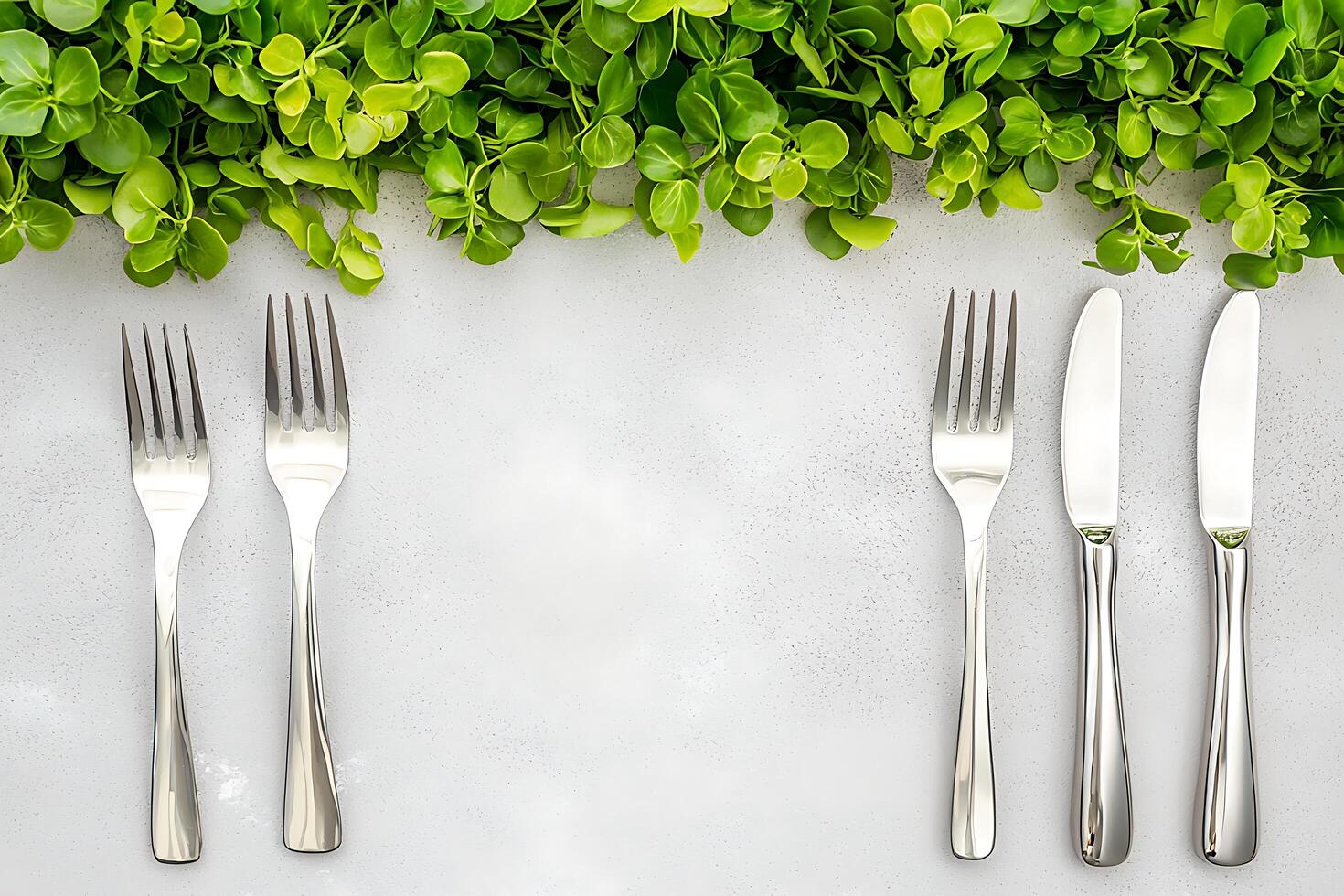 Elegant Table Setting with Fresh Greenery Two Forks, Two Knives, and a Garnish of Green Leaves. photo