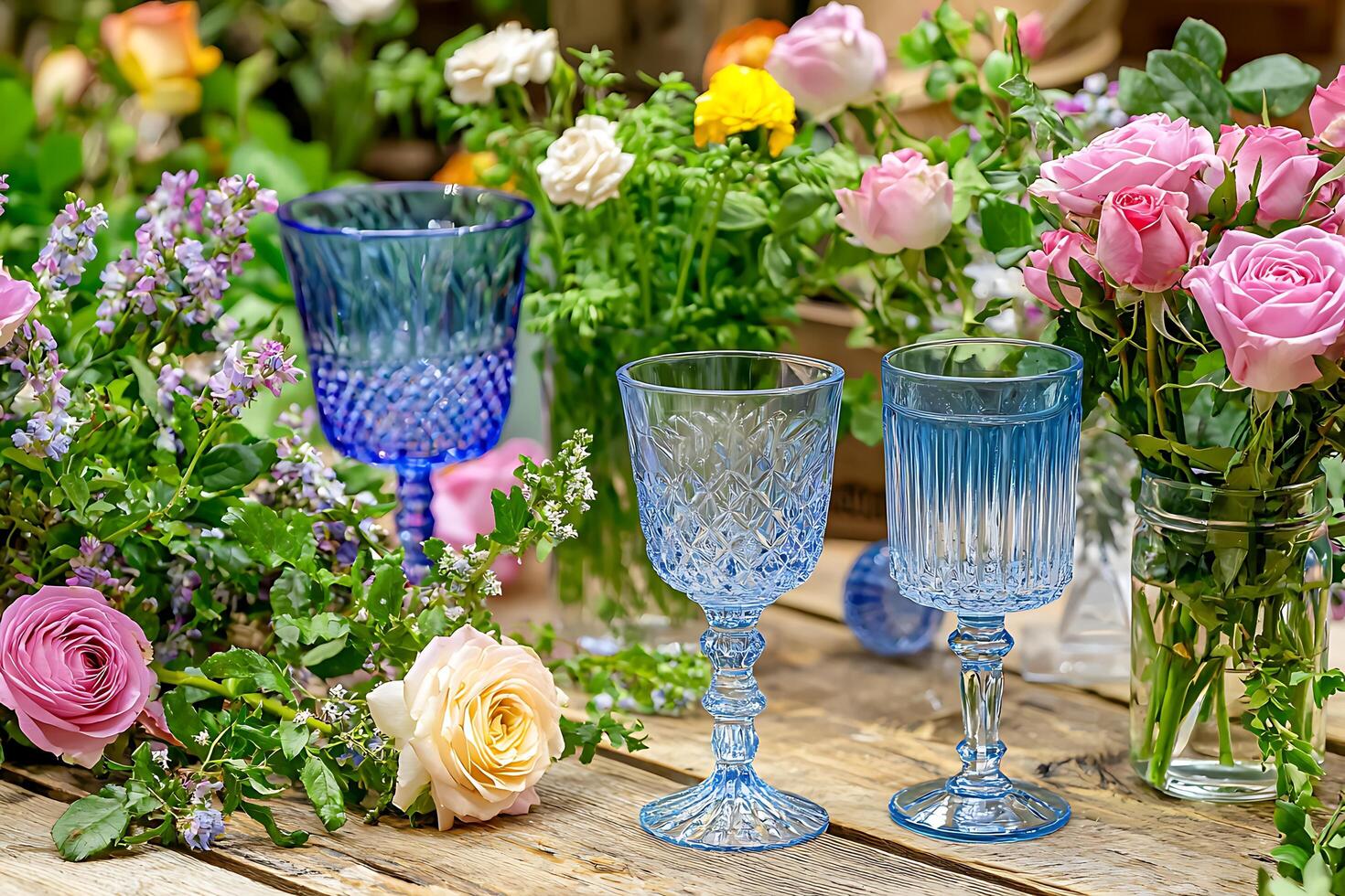 Pastel Roses and Blue Glassware on Rustic Wooden Table. A charming still life featuring delicate pastel roses and elegant blue glassware arranged on a weathered wooden surface. photo