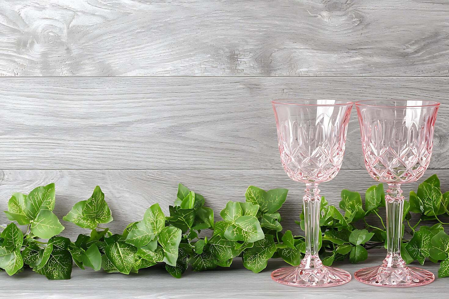 Elegant Pink Wine Glasses with Greenery on Rustic Wooden Background. A beautiful and stylish image perfect for wedding invitations, restaurant menus, or home decor websites. photo