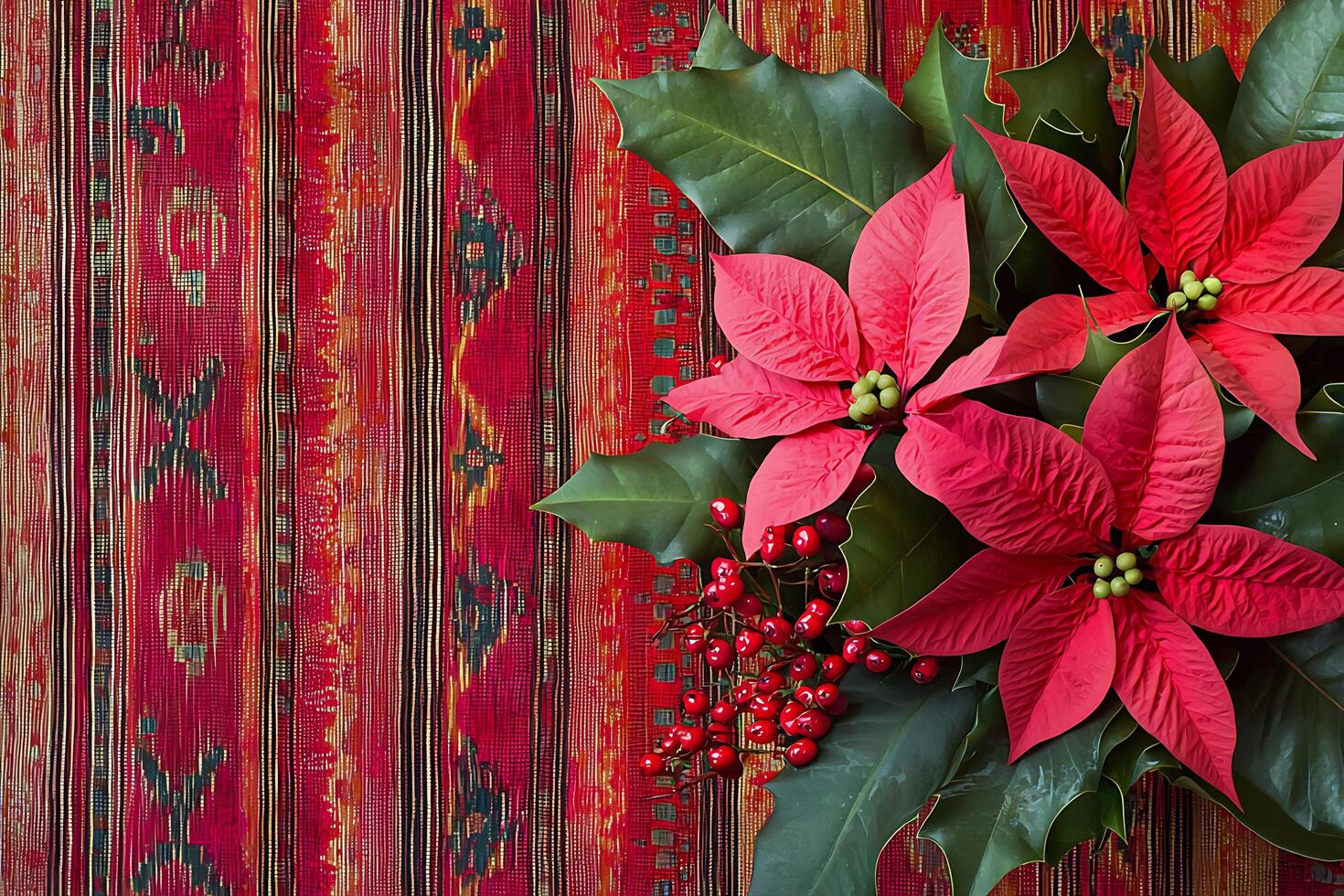 Festive Poinsettia Arrangement on a Richly Textured Background. A vibrant holiday image featuring bright red poinsettias, holly, and red berries against a detailed patterned backdrop. photo