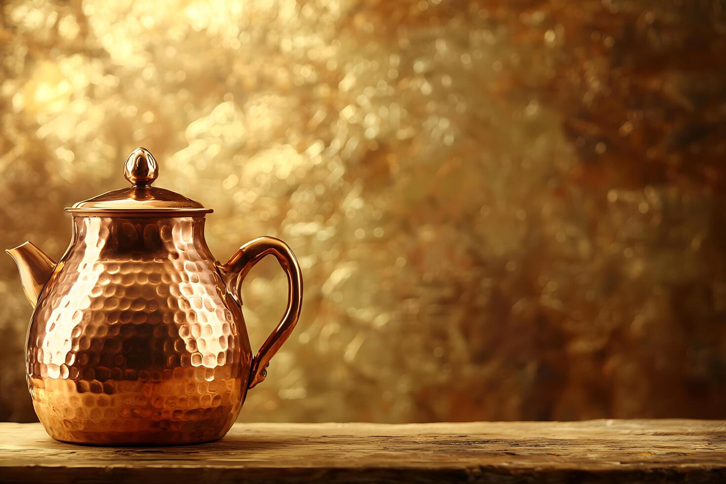 Elegant Copper Teapot on Rustic Wooden Table Against a Golden Background. A high-quality image perfect for various design projects. photo