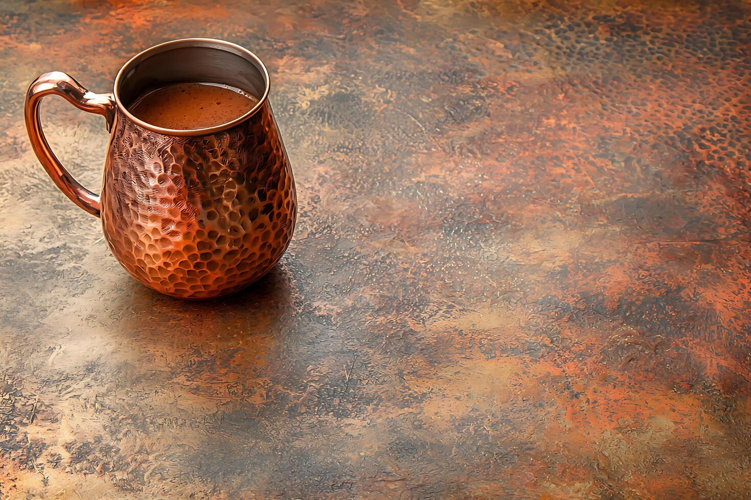 Hammered Copper Mug with Coffee on Rustic Copper Background. A close-up image of a handcrafted copper mug filled with coffee, resting on a textured copper surface. photo