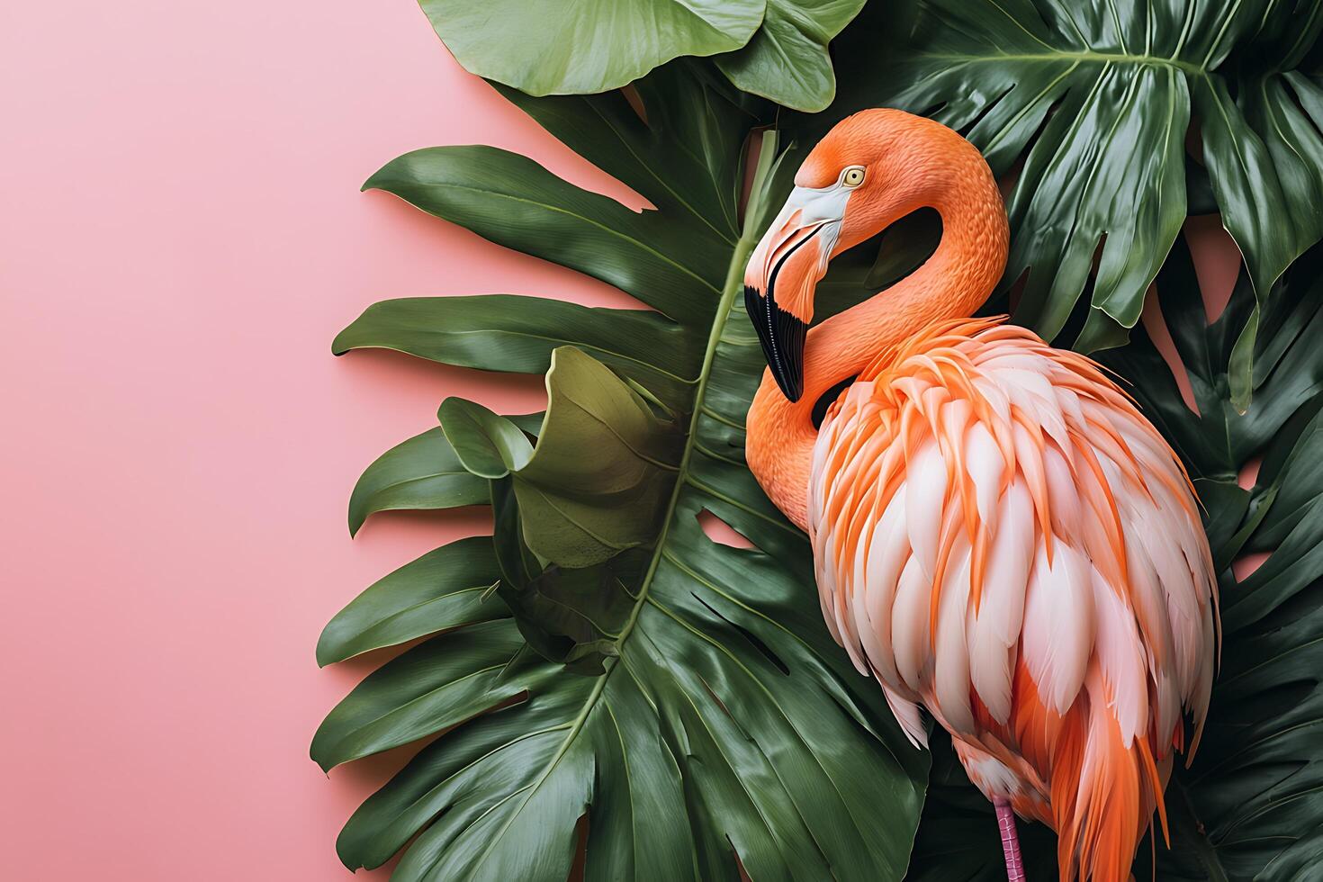 Pink Flamingo Resting Amidst Lush Tropical Leaves on a Pastel Pink Background. photo