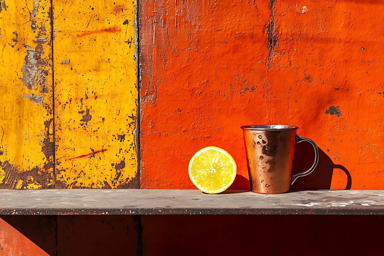 Copper Mug and Lemon Slice on Rusty Shelf Against Vibrant Orange and Yellow Wall. A striking still life image perfect for design projects or editorial use. photo