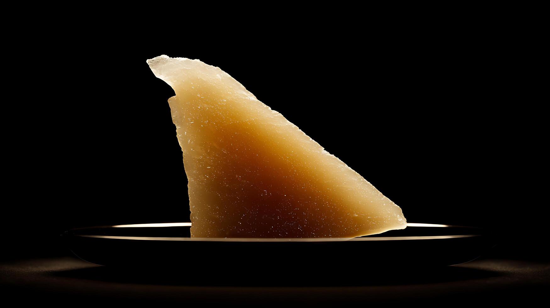 A Triangular Slice of Golden Cheese on a Dark Plate. photo
