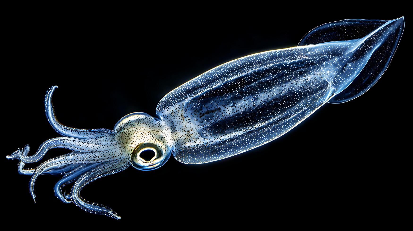 Translucent Squid with Bioluminescent Spots Against a Deep Black Background. photo