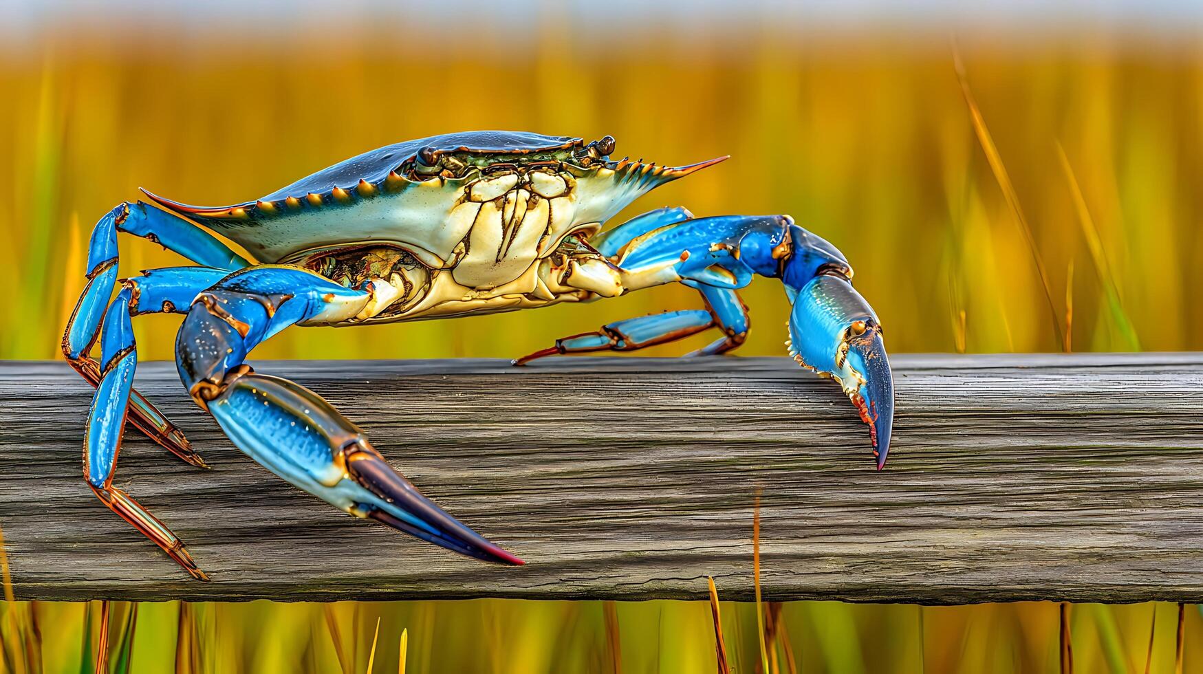 Vibrant Blue Crab Sits Proudly on Weathered Wood in Golden Reeds. photo