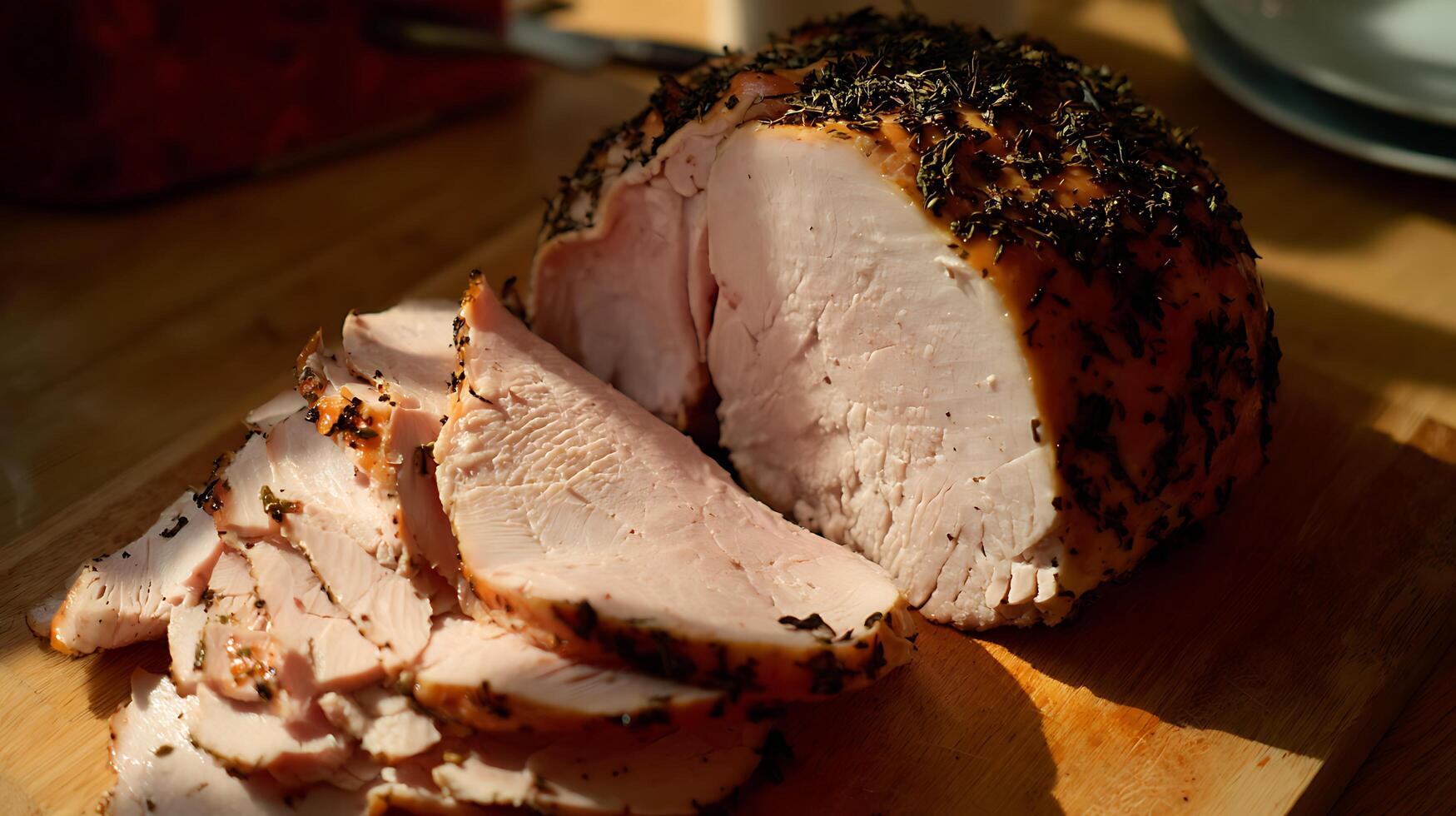Juicy Herb Roasted Turkey Breast Slices on Wooden Board. photo
