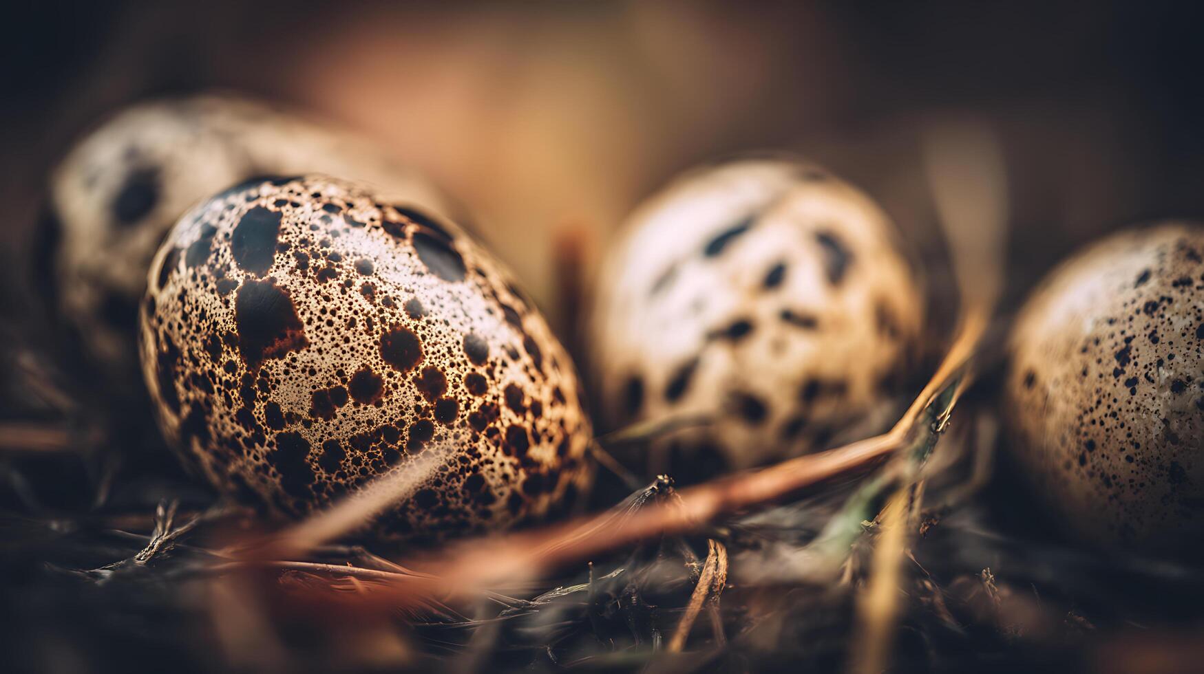 Close Up Of Speckled Bird Eggs Resting In A Natural Nest. photo