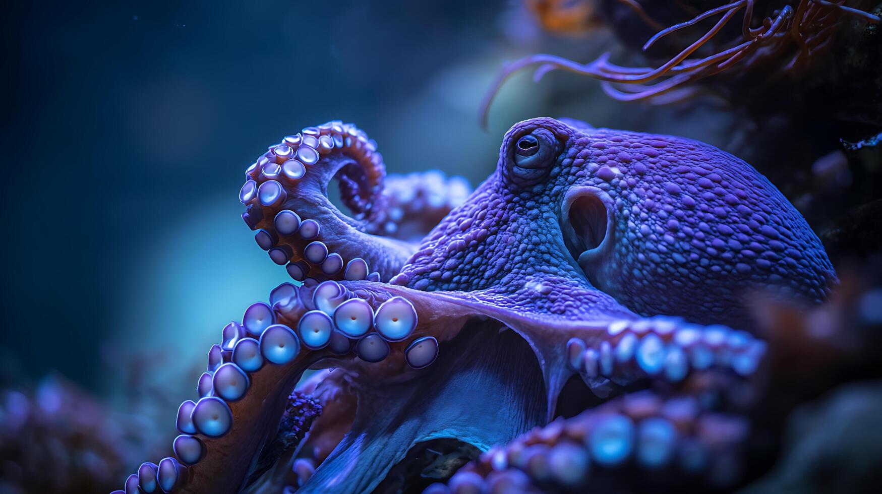Mysterious Purple Octopus with Tentacles in Deep Blue Ocean Water. photo