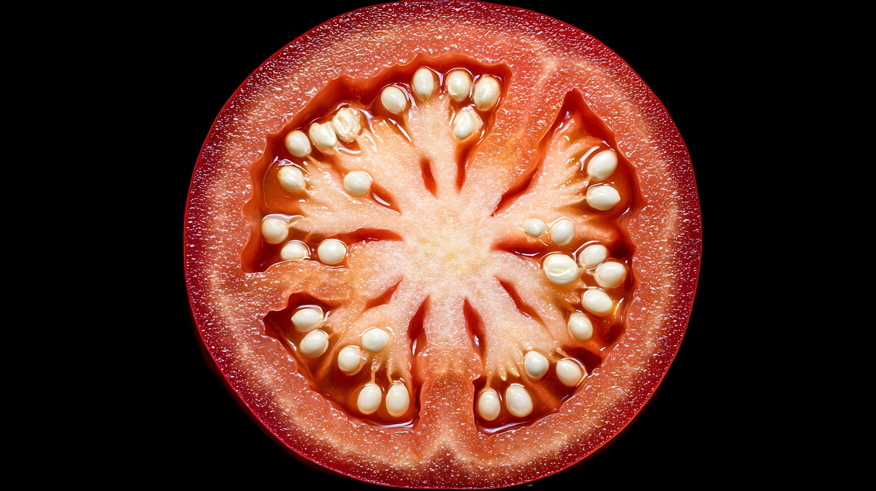 Vibrant Red Tomato Slice with White Seeds Against a Dark Background. photo