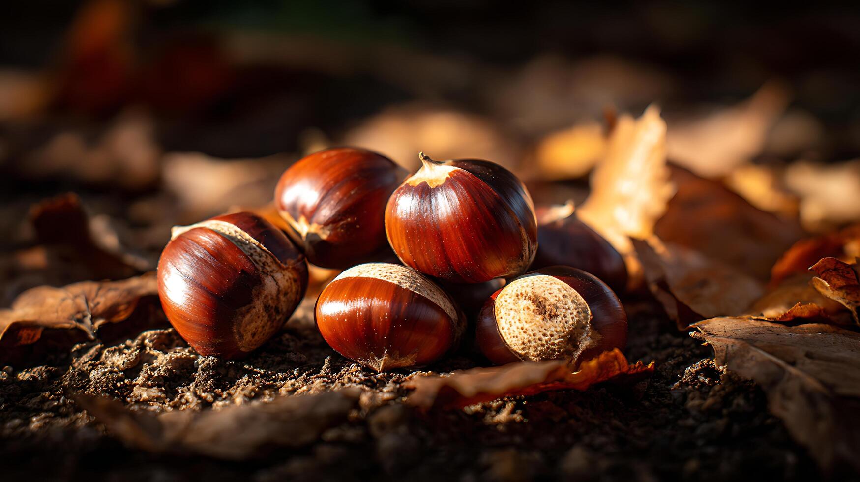 Pile of Shiny Brown Horse Chestnuts on Autumn Forest Floor. photo