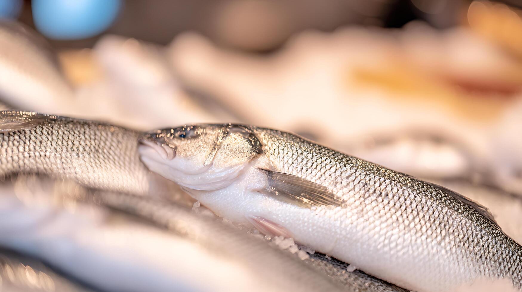 Close Up Macro Shot of Fresh Fish on Ice at a Market. photo