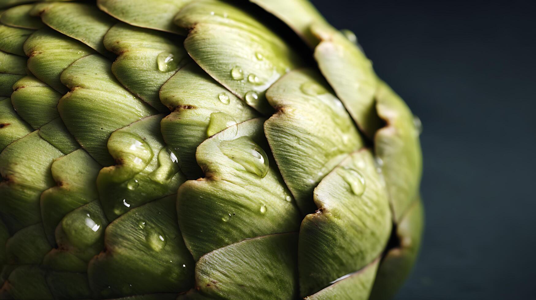 Dew Drops on Fresh Artichoke Leaves Close Up Macro Shot. photo