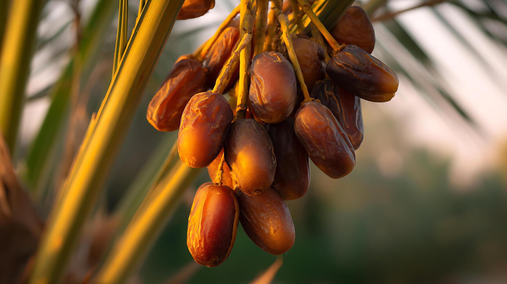 Ripe Dates Hanging on Palm Tree Branch in Golden Sunlight. photo